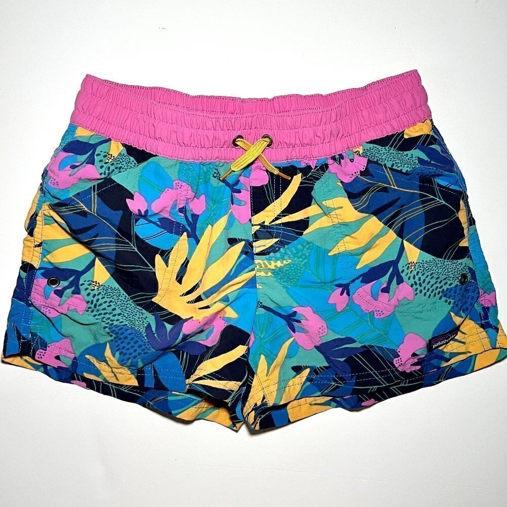 PATAGONIA Wild Beryl Green Surf Swim Shorts Pink Blue Green Floral Girls XL